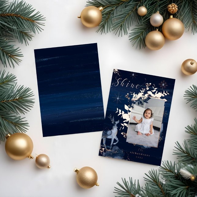 Carte De Vœux En Aluminium Shine Navy Gold Snowflakes Reindeer & Jewers Photo (Shine Navy Gold Snowflakes Reindeer & Jewels Photo Foil Holiday Card)