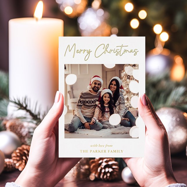 Carte De Vœux En Aluminium Signature moderne | Gold Foil Script Multi Photo (An elegant, gold foil Christmas card with five of your favorite photos)