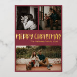 Carte De Vœux En Aluminium Simple classique Noël Rouge Trois Photo Or<br><div class="desc">Cette simple carte de vacances en feuille d'or rouge de Noël à trois photos est parfaite pour votre accueil de Noël de luxe moderne. La police festive décontractée mais classique est faite avec de l'or pressé de qualité supérieure en papier d'aluminium, permettant un look rustique minimaliste brillant. Le Lettering se...</div>