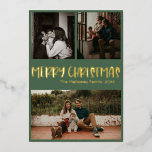 Carte De Vœux En Aluminium Simple classique Noël Vert Trois Photo Or<br><div class="desc">Cette simple carte de vacances en feuille d'or vert de Noël trois photos est parfaite pour votre accueil de Noël de luxe moderne. La police festive décontractée mais classique est faite avec de l'or pressé de qualité supérieure en papier d'aluminium, permettant un look rustique minimaliste brillant. Le Lettering se marie...</div>