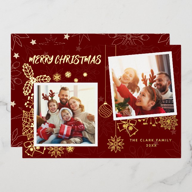 Carte De Vœux En Aluminium Simple élégante Rouge foncé 2 cadres photo Famille (Recto/Verso)