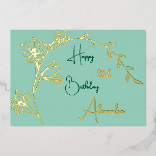 Carte De Vœux En Aluminium Simple Floral Pale Vert & Or Age Anniversaire