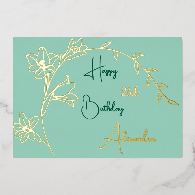 Carte De Vœux En Aluminium Simple Floral Pale Vert & Or Age Anniversaire (Recto)
