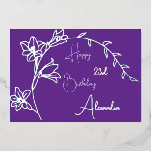 Carte De Vœux En Aluminium Simple Floral Purple & Argent Anniversaire