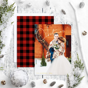 Carte De Vœux En Aluminium Simple Joyeux Noël Rouge Plaid Photo d'hiver