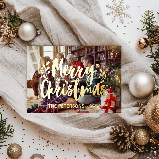 Carte De Vœux En Aluminium Simple Moderne Photo Famille de Noël Superposition (Christmas Card Gold Foil Overlay Family Photo Unique Vintage Retro)