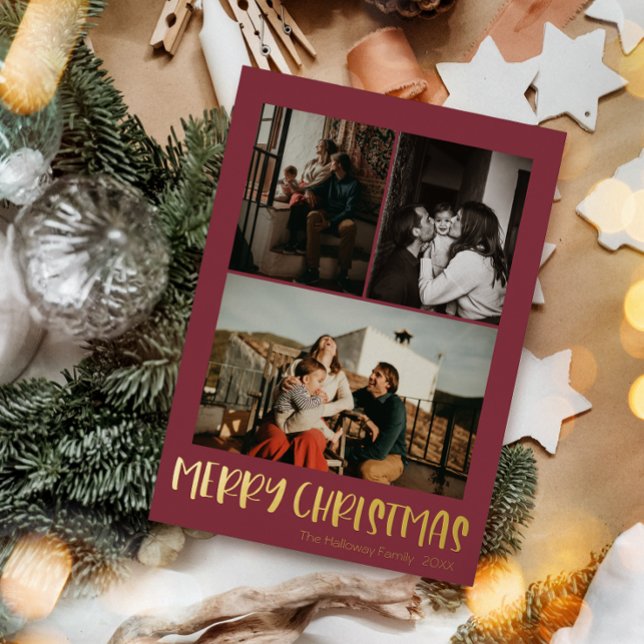 Carte De Vœux En Aluminium Simple Noël Rouge Vertical 3 Photo | Or (Créateur téléchargé)