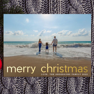 Carte De Vœux En Aluminium Simple or Pressé Script photo Joyeux Noël