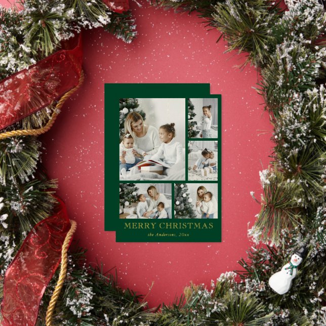 Carte De Vœux En Aluminium Simple Photo Collage Green Christmas Holiday Card (Insitu)