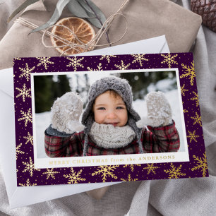 Carte De Vœux En Aluminium Snowflakes dorés Photo violet et or