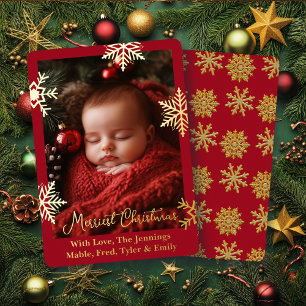 Carte De Vœux En Aluminium Snowflakes Gold Foil et photo de famille personnal
