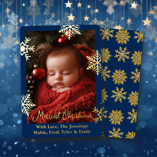Carte De Vœux En Aluminium Snowflakes Gold Foil et photo de famille personnal