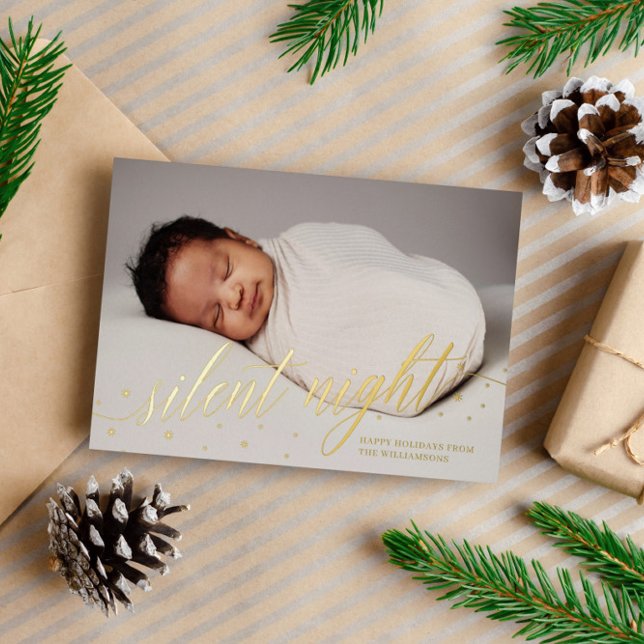 Carte De Vœux En Aluminium Snowflakes Silent Night Happy Holidays Baby Photo (Créateur téléchargé)