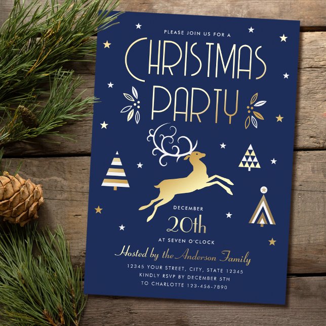 Carte De Vœux En Aluminium Soirée de Noël Soirée Bleue Gold Foil (Créateur téléchargé)