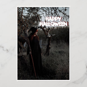 Carte De Vœux En Aluminium Sorcière tenant Broomstick Halloween Photo Argent
