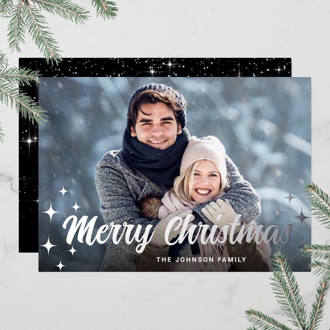 Carte De Vœux En Aluminium Sparkel Christmas PHOTO Greeting Silver (Customizable Christmas holiday greeting photo card with real foil print.)