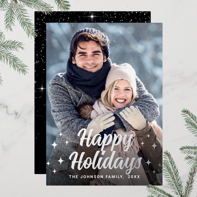 Carte De Vœux En Aluminium Sparkel Christmas PHOTO Greeting Silver (Customizable Christmas holiday greeting photo card with real foil print.)