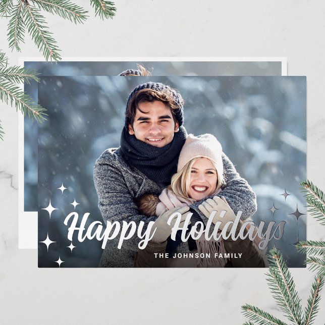 Carte De Vœux En Aluminium Sparkel Noël 2 PHOTO Salutation Argent (Customizable Christmas holiday greeting photo card with real foil print.)