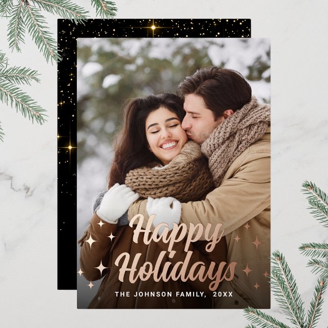 Carte De Vœux En Aluminium Sparkle Joyeux Noël PHOTO Salutation Rose Or (Customizable Christmas holiday greeting photo card with real foil print.)