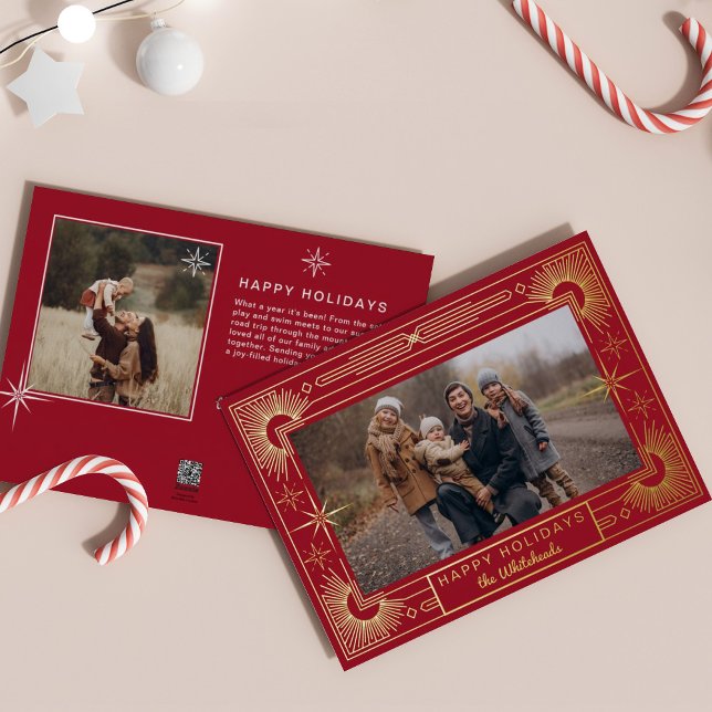 Carte De Vœux En Aluminium Star Art Deco Photo Happy Holiday (Snowflake art deco berry holly photo holiday card perfect elegant Christmas card.)