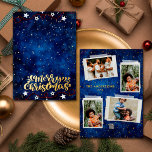 Carte De Vœux En Aluminium Starry Night 4 Photos Collage Joyeux Noël Or<br><div class="desc">Envoyez une joie festive avec notre superbe Starry Night 4 Photos Collage Joyeux Noël Gold Foil Carte de vacances! Cette carte capture l'esprit de vacances, avec un effet numérique éblouissant d'étoiles dorées sur le dos, et d'effet d'étoiles dorées avec un vrai papier d'aluminium (couleur or) sur le devant, une belle...</div>