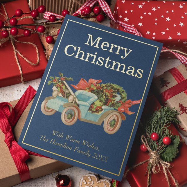 Carte De Vœux En Aluminium Style vintage Vieux voiture Mistletoe de Noël Or (Vintage Style Old Car Mistletoe Christmas Gold Foil Holiday Card
)