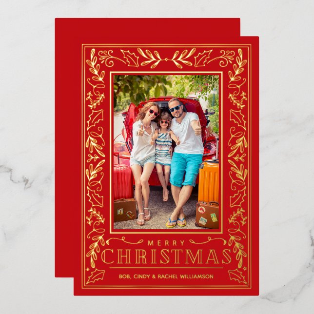 Carte De Vœux En Aluminium Stylish Greenery Christmas Photo Gold (Recto/Verso)