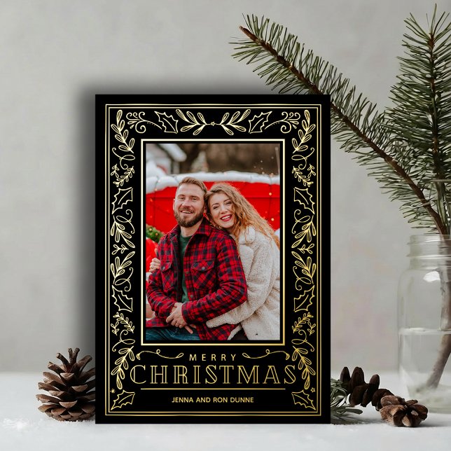 Carte De Vœux En Aluminium Stylish Greenery Christmas Photo Gold (Stylish REAL GOLD FOIL winter foliage border on black photo Christmas holiday cards)