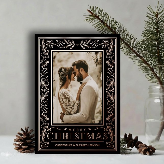Carte De Vœux En Aluminium Stylish Greenery Christmas Photo Rose Gold (Stylish REAL ROSE GOLD FOIL winter foliage border on black photo Christmas holiday cards)