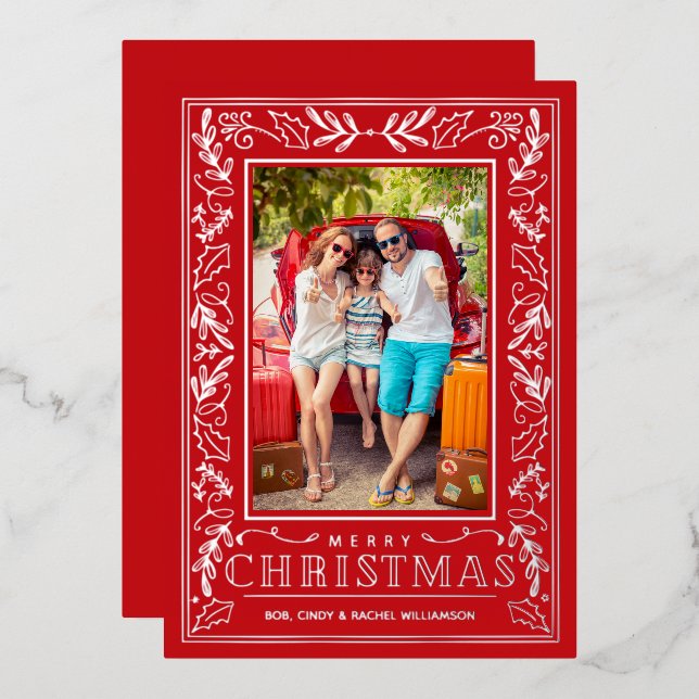 Carte De Vœux En Aluminium Stylish Greenery Christmas Photo Silver (Recto/Verso)