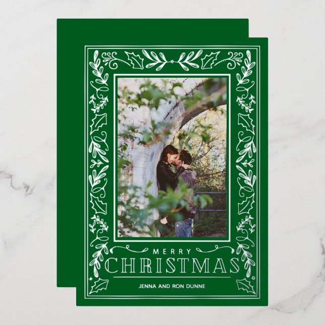 Carte De Vœux En Aluminium Stylish Greenery Christmas Photo Silver (Recto/Verso)