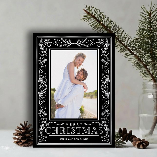 Carte De Vœux En Aluminium Stylish Greenery Christmas Photo Silver (Stylish REAL SILVER FOIL winter foliage border photo   Christmas holiday cards)