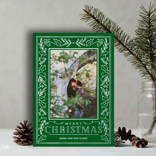 Carte De Vœux En Aluminium Stylish Greenery Christmas Photo Silver (Stylish REAL SILVER FOIL winter foliage border on green photo Christmas holiday cards)