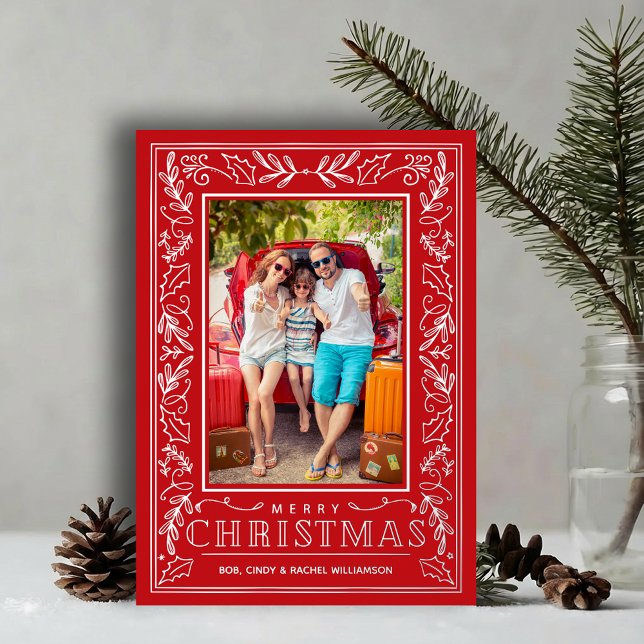 Carte De Vœux En Aluminium Stylish Greenery Christmas Photo Silver (Stylish REAL SILVER FOIL winter foliage border on red photo Christmas holiday cards)
