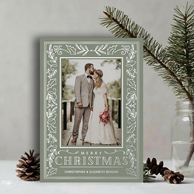 Carte De Vœux En Aluminium Stylish Greenery Christmas Photo Silver (Stylish REAL SILVER FOIL winter foliage border on sage green photo Christmas holiday cards)