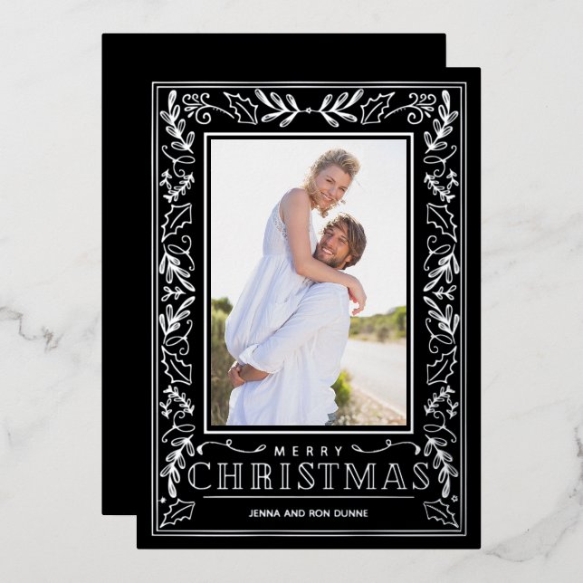 Carte De Vœux En Aluminium Stylish Greenery Christmas Photo Silver (Recto/Verso)