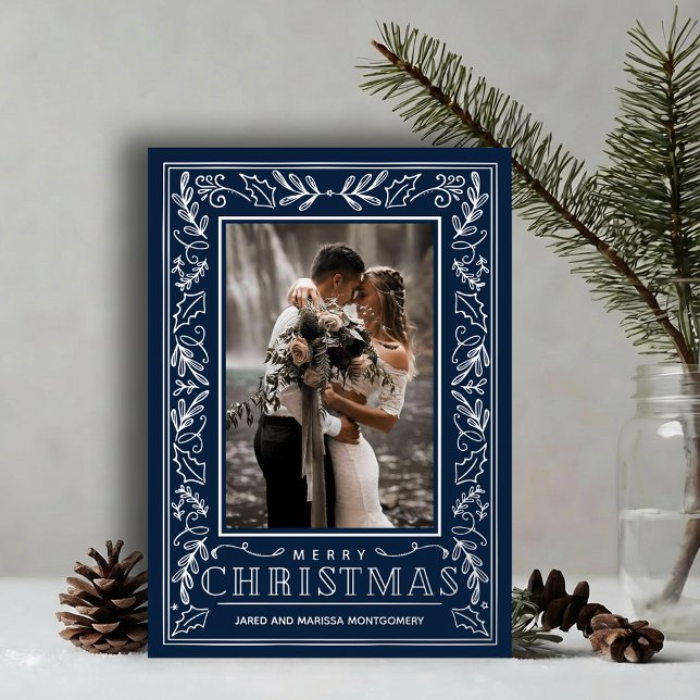 Carte De Vœux En Aluminium Stylish Greenery on Blue Christmas Photo Silver (Stylish REAL SILVER FOIL winter foliage border on navy blue photo Christmas holiday cards)