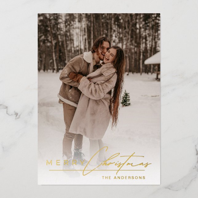 Carte De Vœux En Aluminium Stylish Script Elegant Photo Red Merry Christmas  (Recto)