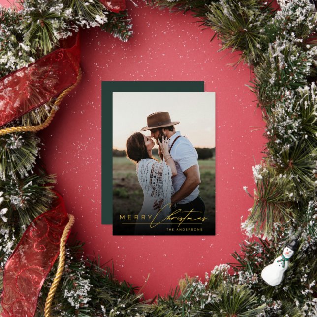 Carte De Vœux En Aluminium Stylish Script Minimalist 1 Photo Green Christmas (Insitu)