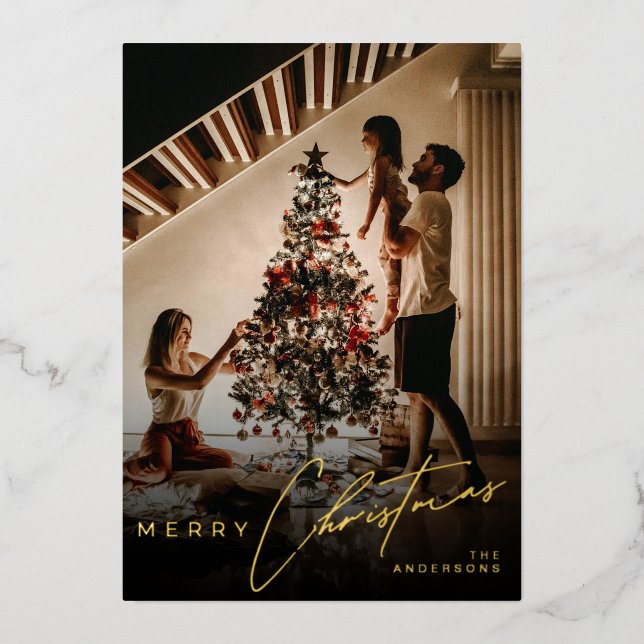 Carte De Vœux En Aluminium Stylish Script Minimalist 1 Photo Red Christmas (Recto)