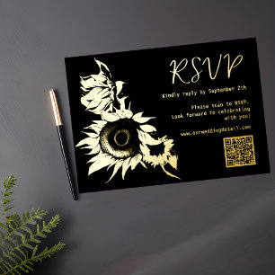 Carte De Vœux En Aluminium Sunflower noir et or Code QR RSVP Mariage
