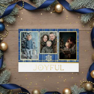 Carte De Vœux En Aluminium Tartan bleu & or Plaid Christmas Joyeux Photo