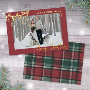 Carte De Vœux En Aluminium Tartan Dessiné à la Main Rouge Or Joyeux Noël