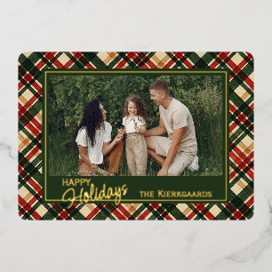Carte De Vœux En Aluminium Tartan Rouge Vert Imprimé Aquarelle Et Or