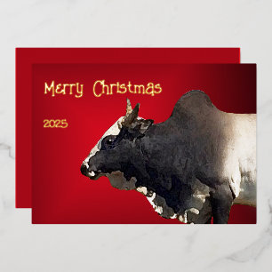 Carte De Vœux En Aluminium Taureau Brahman Rouge Gras Éleveur de Noël