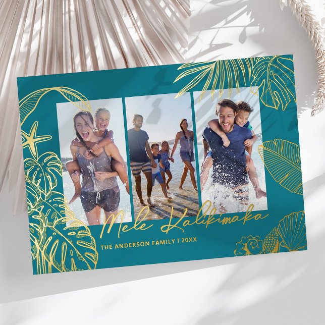 Carte De Vœux En Aluminium Teal Photo Collage Hawaiian Christmas (Créateur téléchargé)