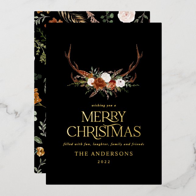 Carte De Vœux En Aluminium Terre cuite noire botanique élégant cerf floral fo (Recto/Verso)