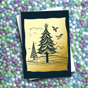 Carte De Vœux En Aluminium Thème de Noël Abstrait Arbres Gold Foil