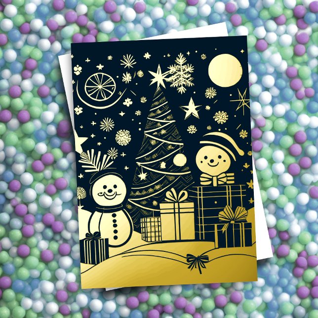 Carte De Vœux En Aluminium Thème de Noël Abstrait Snowmen Gold Foil (Créateur téléchargé)