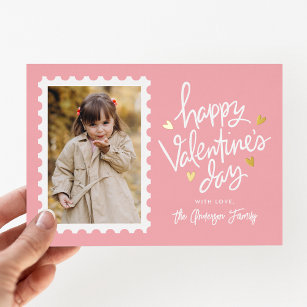 Carte De Vœux En Aluminium Timbre de Coeurs rose et or Photo Saint-Valentin